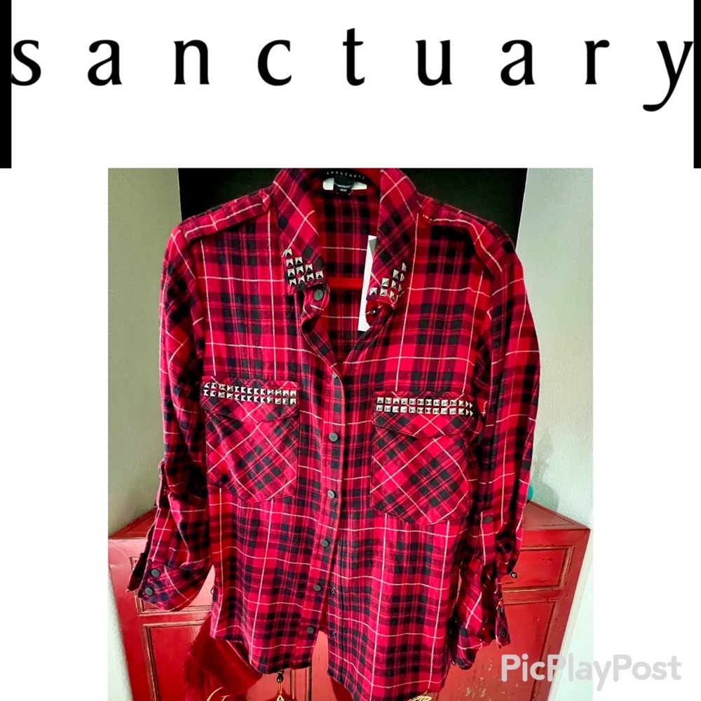 Sanctuary Boyfriend Red Black Studded Janis Blouse OVERSIZED 90s vibes NWT XS